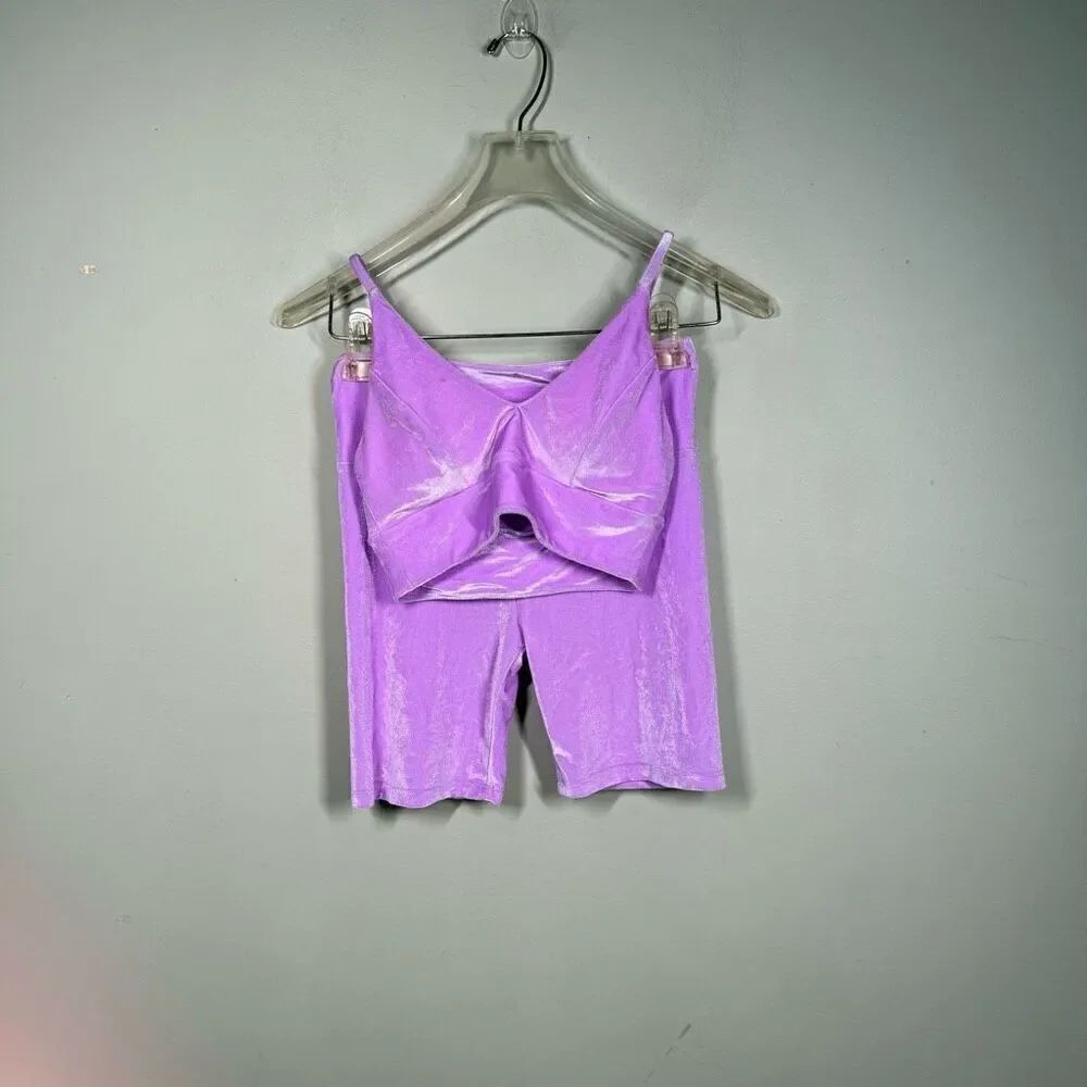 Atheleisure yoga Pilates active biker shorts & bra set lilac purple velvet XS - Picture 2 of 9